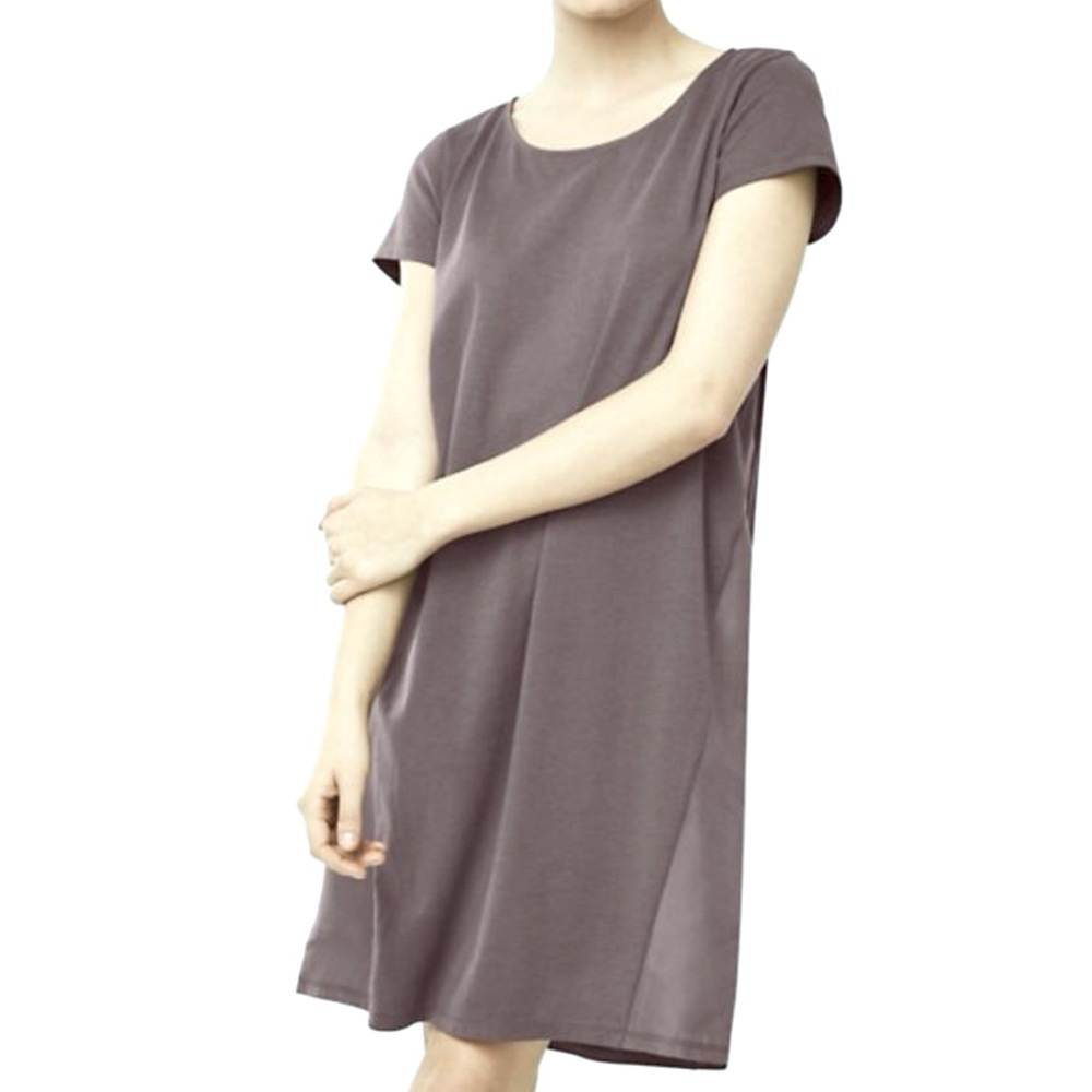 Garnet Hill Silk Trimmed Knit T-Shirt Dress Brown Gray XS